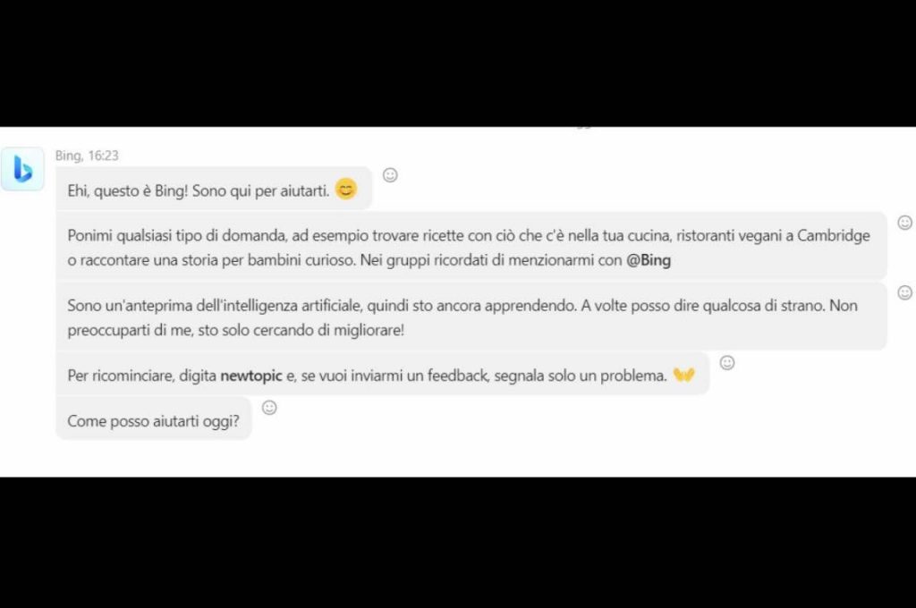 Screenshot di una conversazione avviata da Bing su Skype
