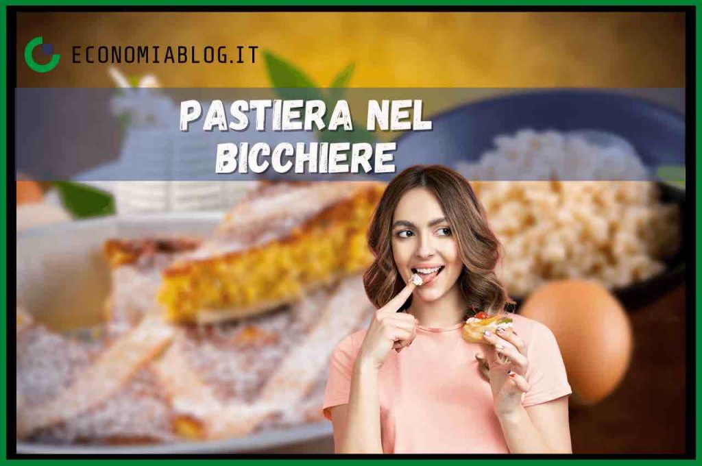 Donna che mangia un dolce e pastiera sullo sfondo