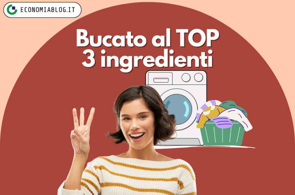 Donna sorridente che indica il numero 3. Alle spalle lavatrice e cesto del bucato