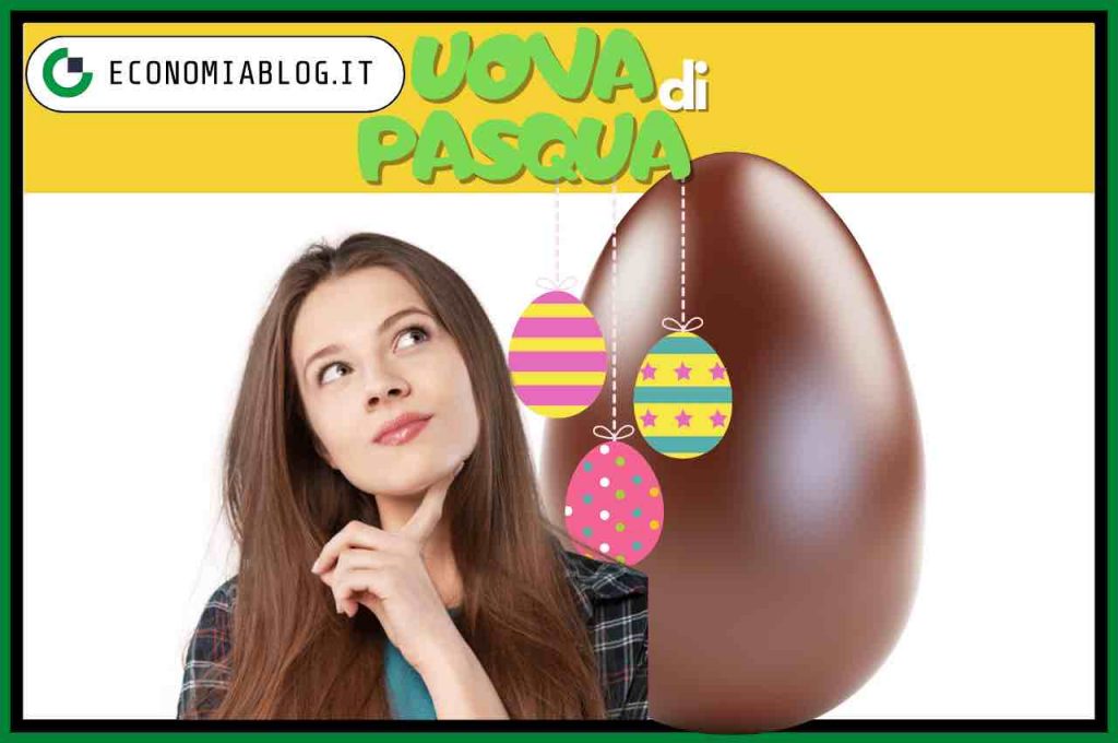 Donna indecisa con uovo al cioccolato alle spalle