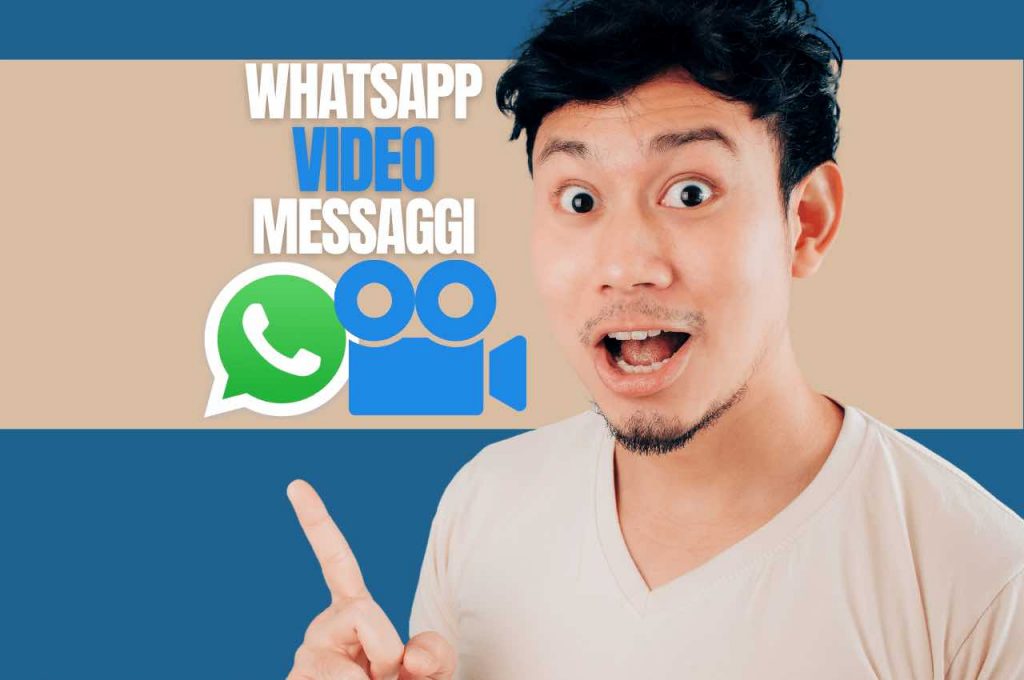 Ragazzo sorpreso indica illustrazione del video e del logo whatsapp