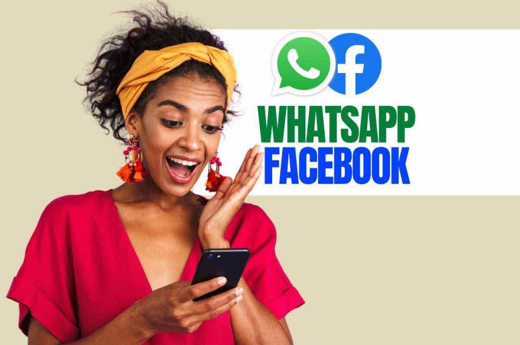 Ragazza con smartphone sorpresa. Loghi di Whatsapp e Facebook