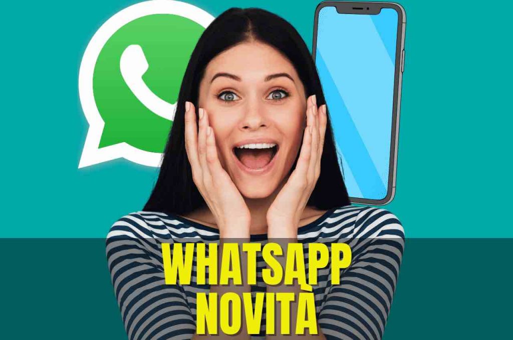 Ragazza sorpresa. Alle spalle logo whatsapp e smartphone