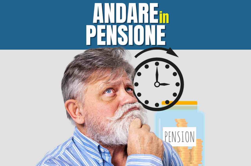 Anziano dubbioso, accanto illustrazione della pensione e dell'orologio