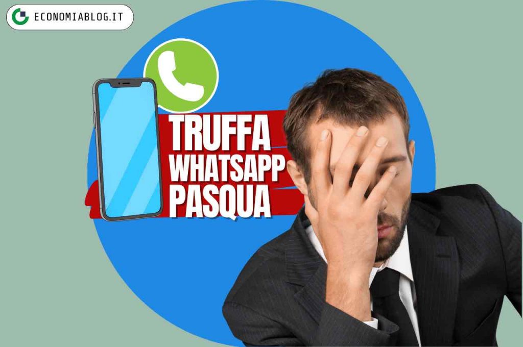 Uomo avvilito, alle spalle smartphone e logo che ricorda whatsapp